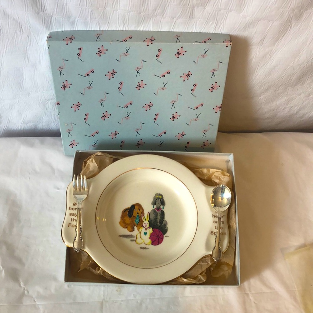 British Child’s plate & flatware circa 1950; My own plate - silver plate MIB